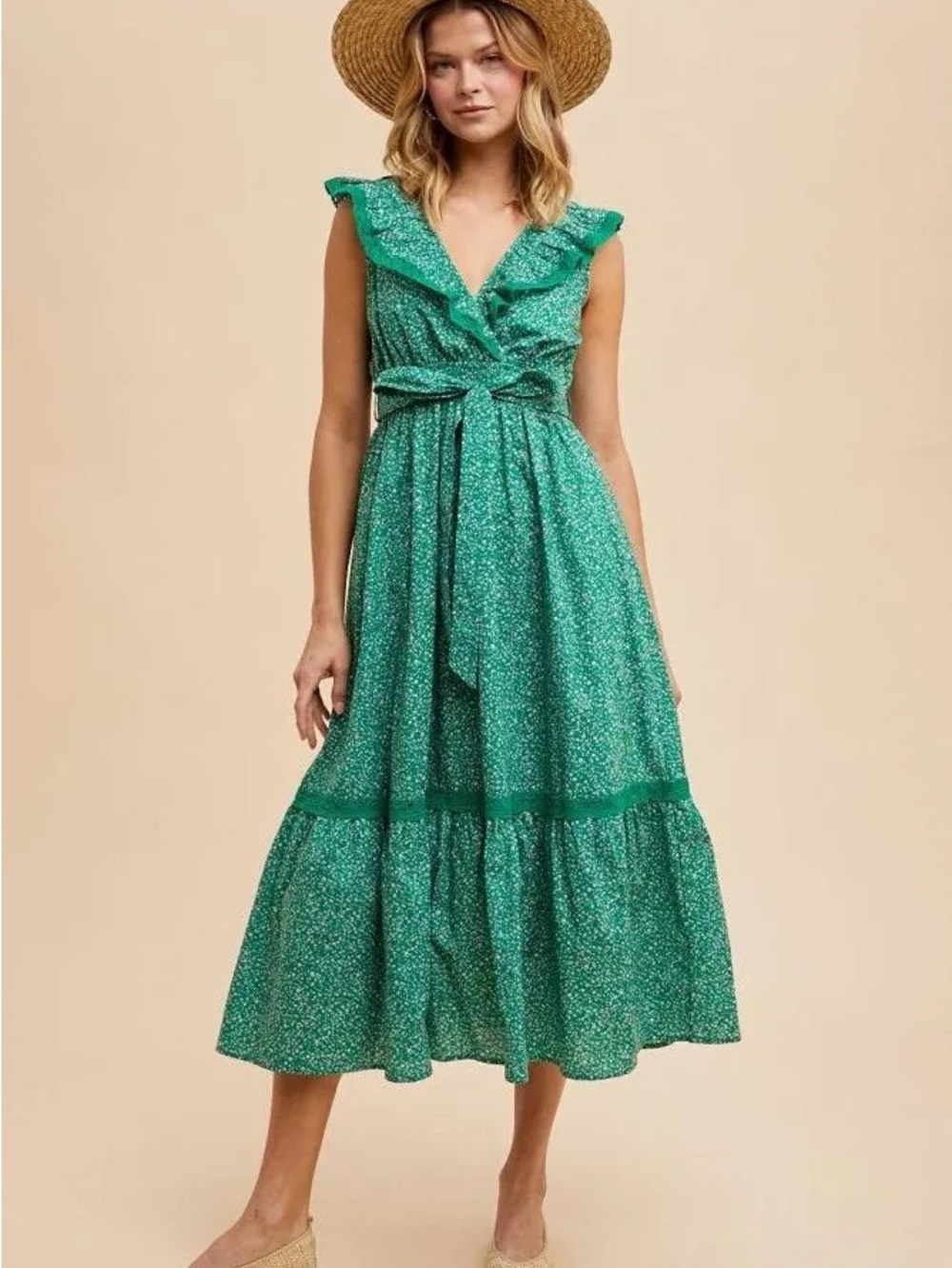 Pinkblush Green Ruffle-Trim Midi Dress with Waist Tie